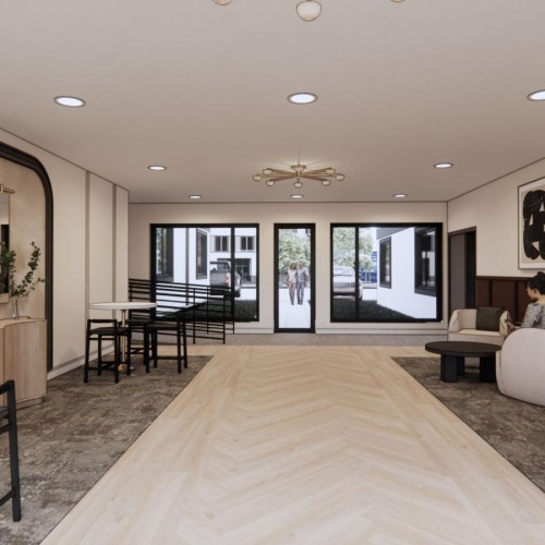 a living room with a large glass door