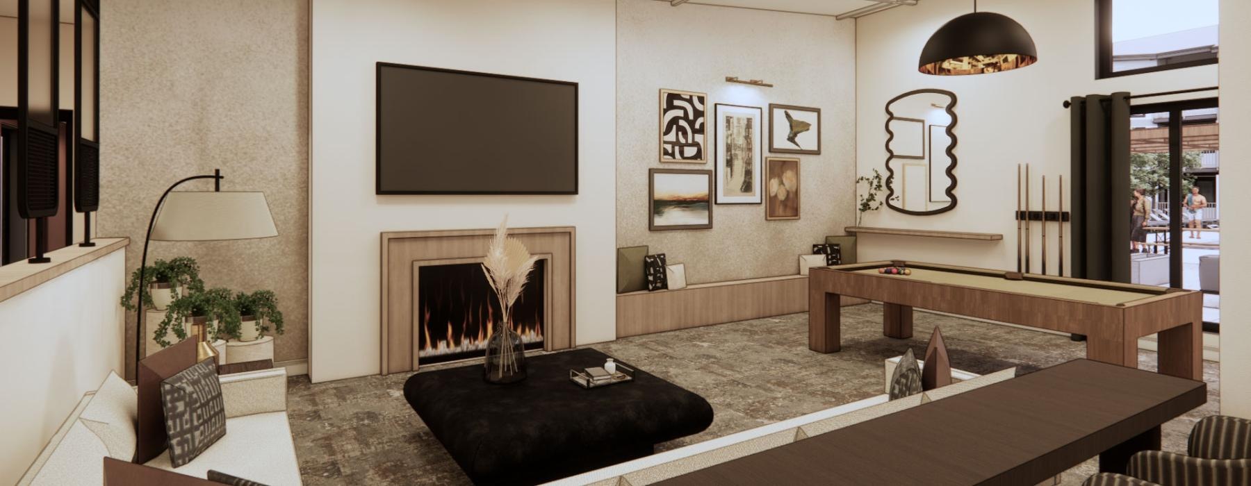 a living room with a fireplace