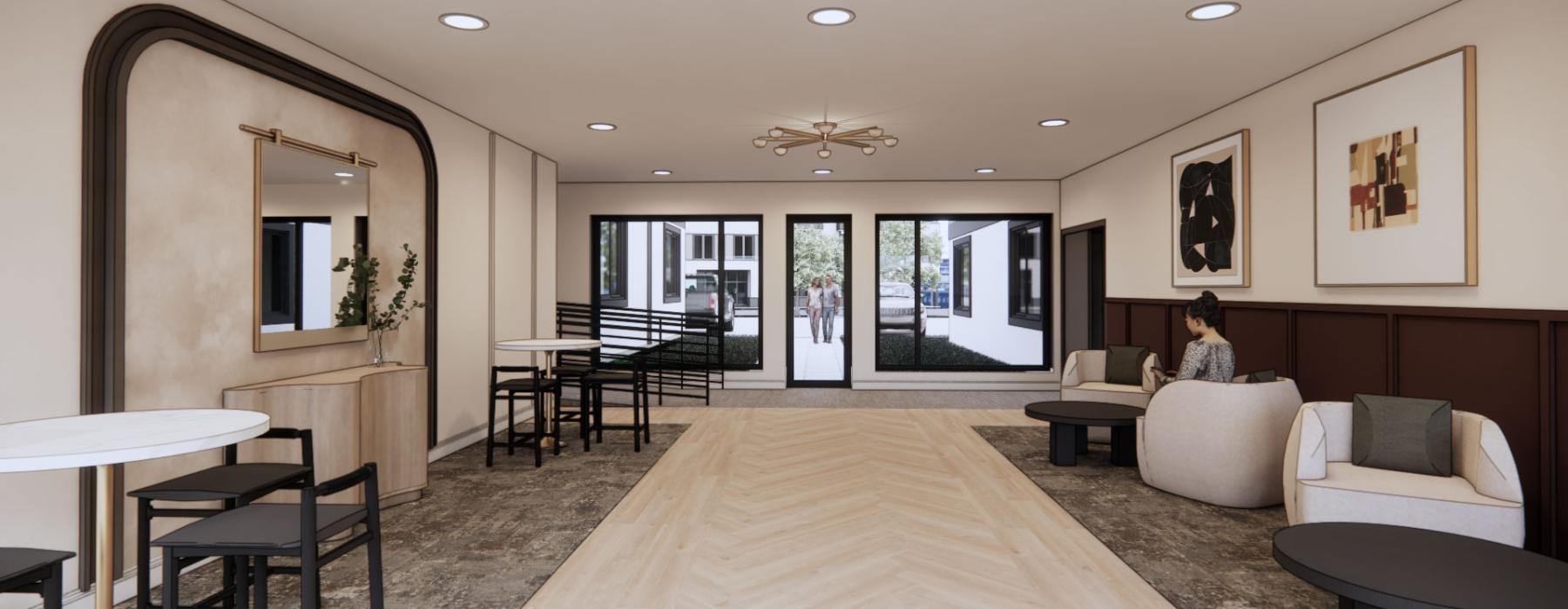 a living room with a large glass door
